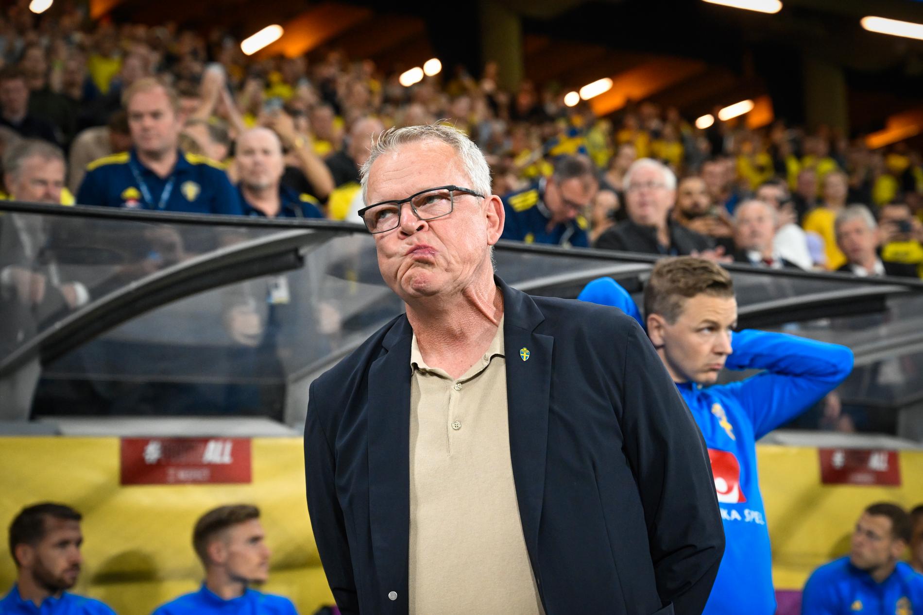 Loss: Swedish national team manager Jan Andersson reacts to Sweden's 3-1 defeat to Austria at the Friends Arena.  The result makes the European Commission look completely hopeless to the Swedes. 