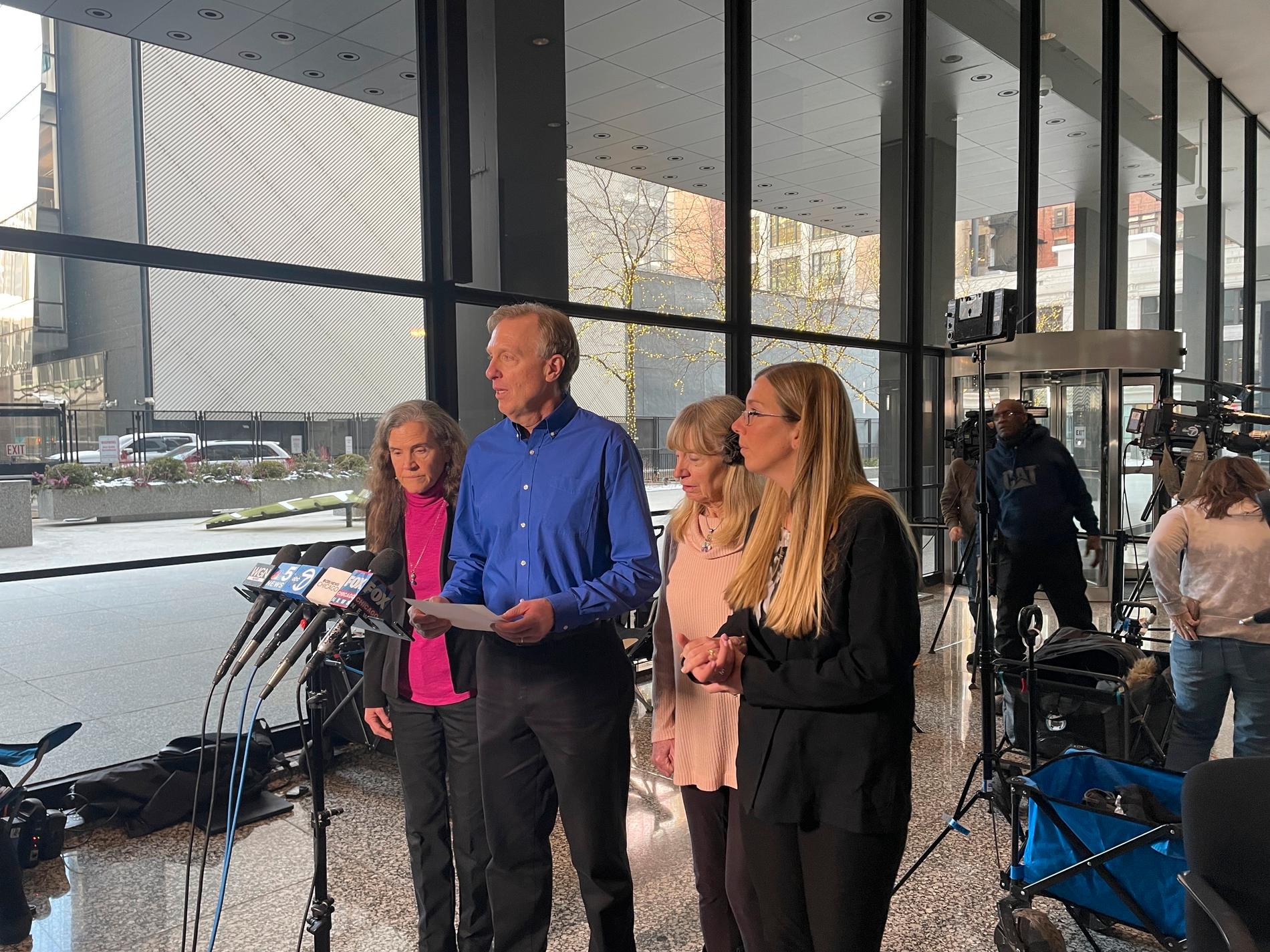 The late Sheila von Wiese-Mack's siblings, Bill Wiese and Debbie Curran, speak to the press after the sentencing in Dirksen federal court in Chicago on Wednesday. 