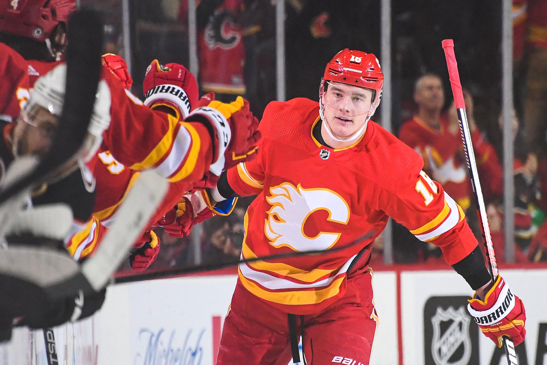 CELEBRATION: Nikita Zadorov celebrates with his teammates after scoring a goal against Anaheim in April 2023.