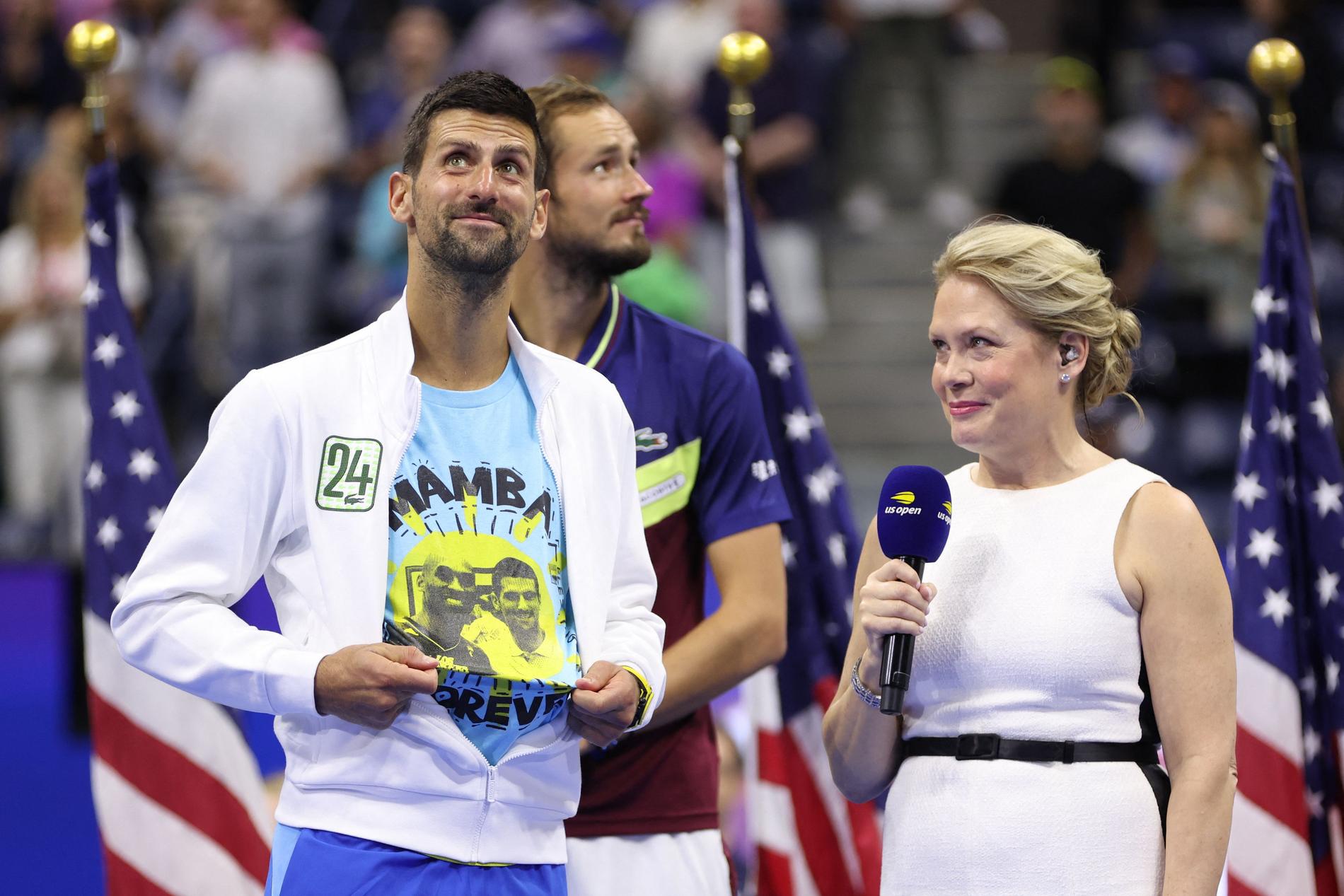 Tribute: Novak Djokovic wore a T-shirt with a photo of himself and late NBA legend Kobe Bryant. 