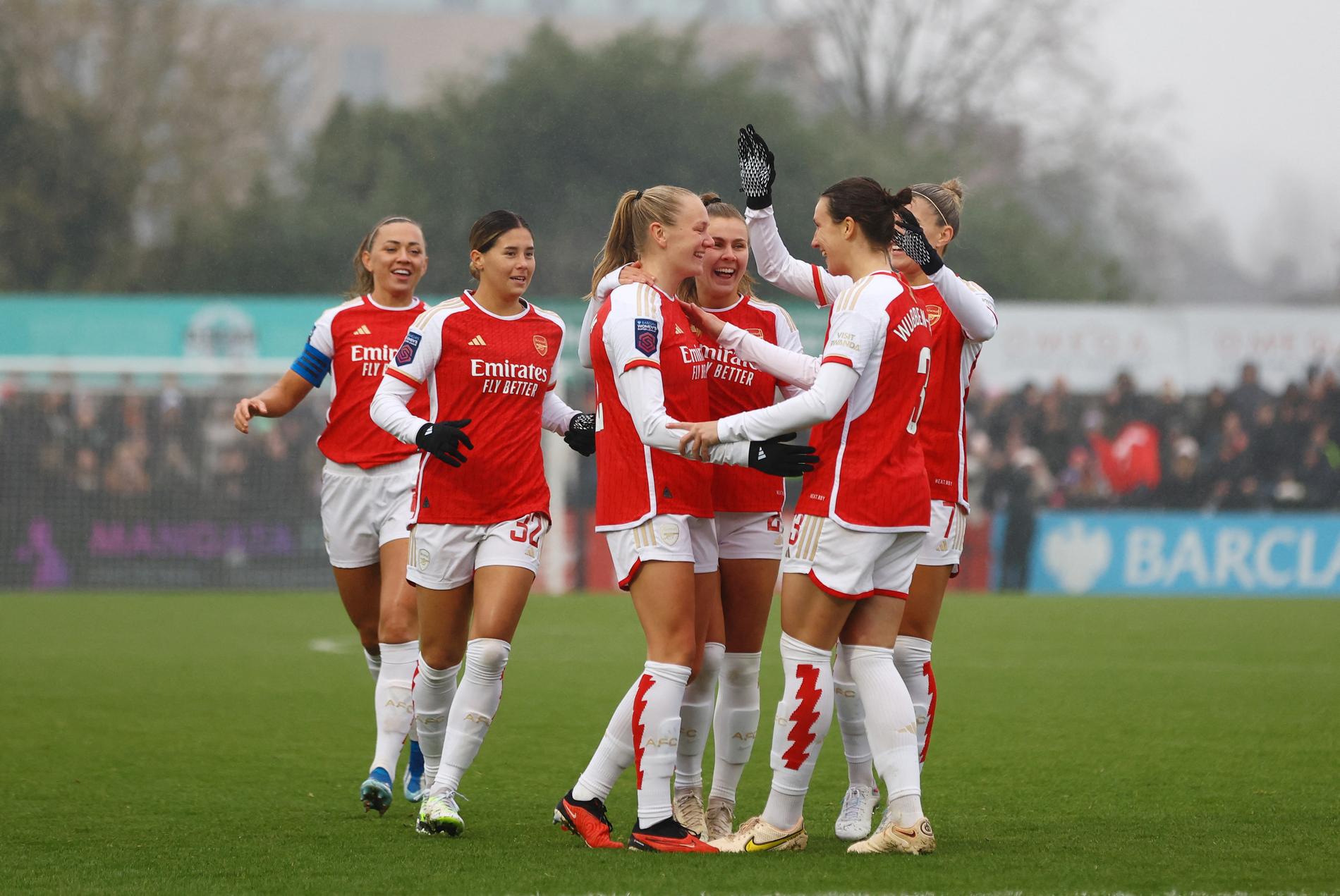 Ready for the first match: Frida Mannum and the rest of the Arsenal players celebrate scoring goals earlier this season.  Chelsea is expected to face a strong match on Sunday.