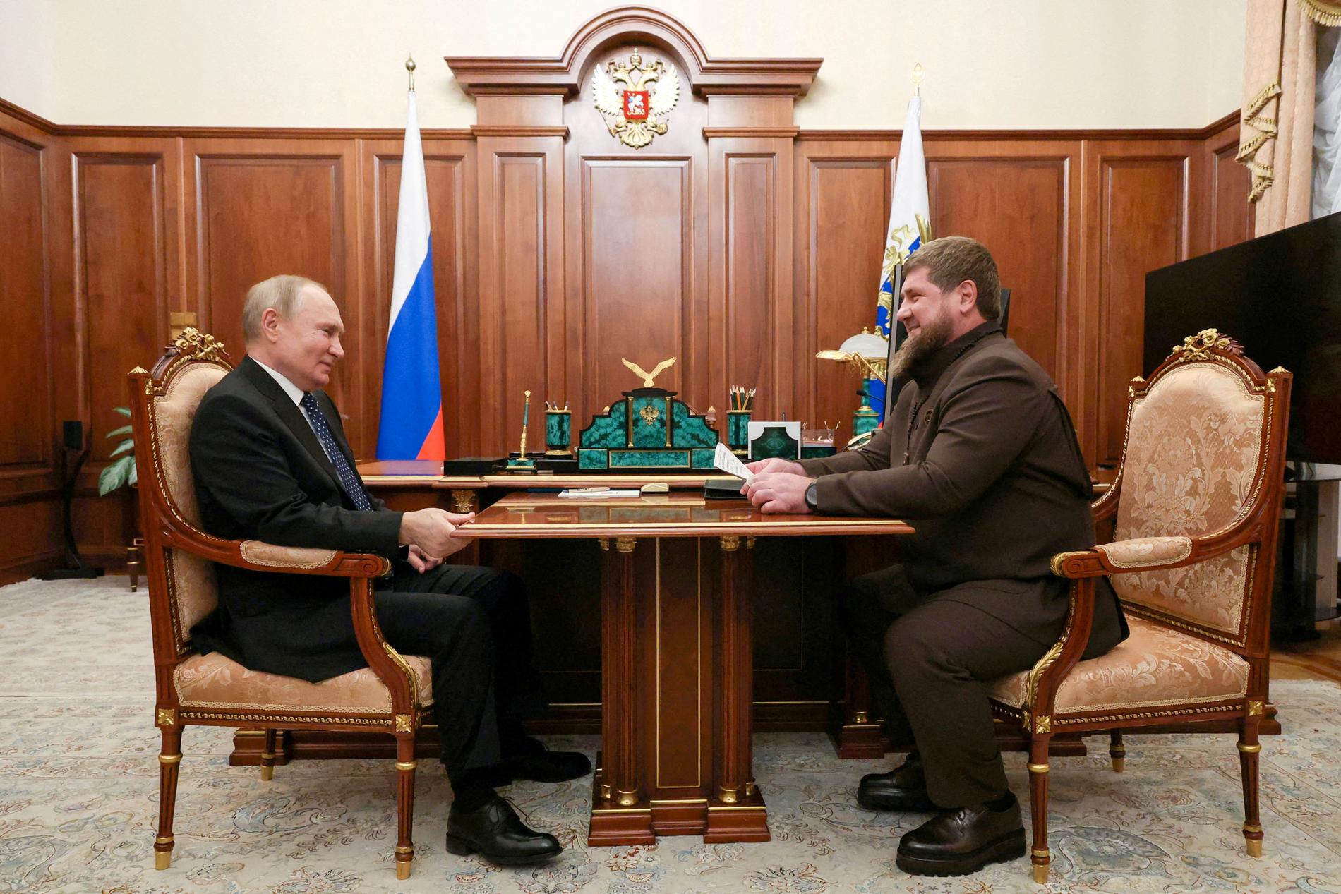 With the President: Chechen leader Ramzan Kadyrov (right) at a meeting with Vladimir Putin in Moscow in March 2023.