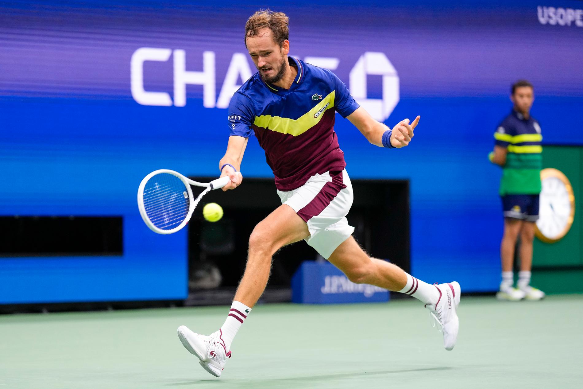 Tennis giant: 1.98 tall, Daniil Medvedev fought hard against Novak Djokovic in the US Open final.
