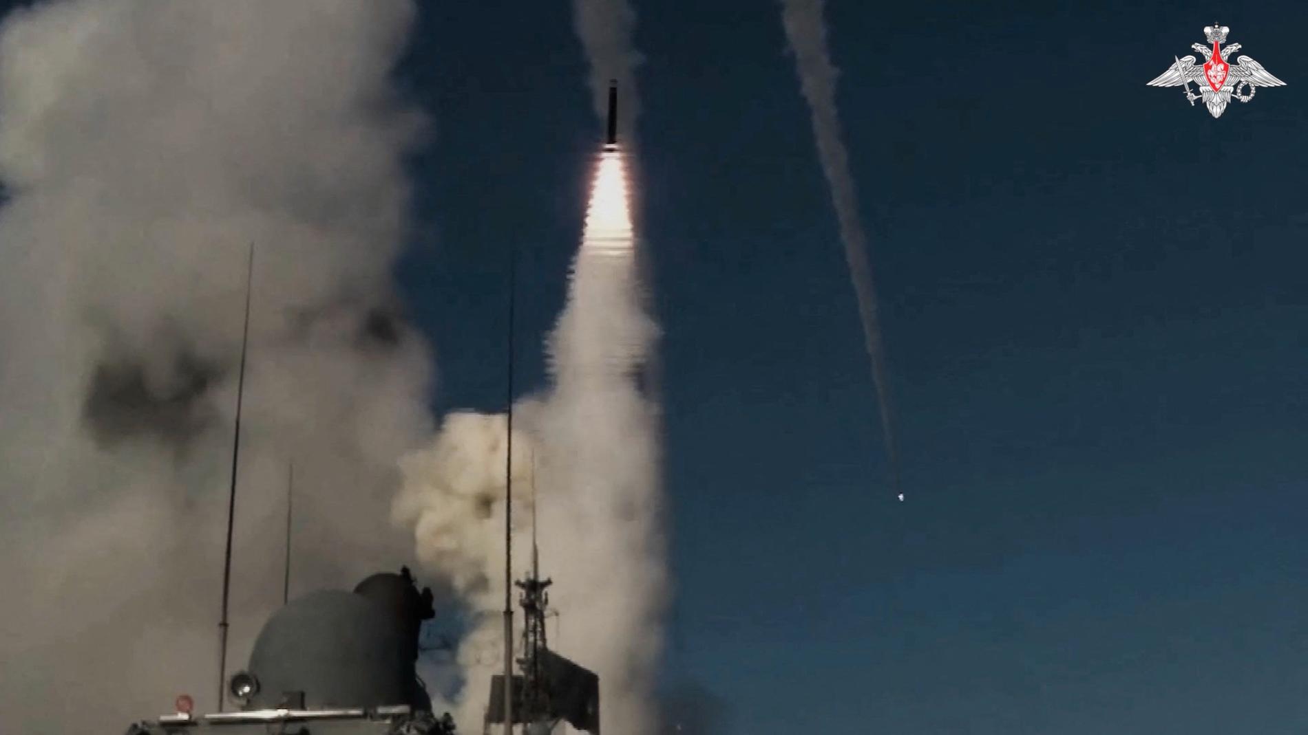 A frigate in the Russian Black Sea Fleet fires a missile at Ukrainian military infrastructure, according to the Russian Ministry of Defense’s comment on this photo published last Wednesday.
