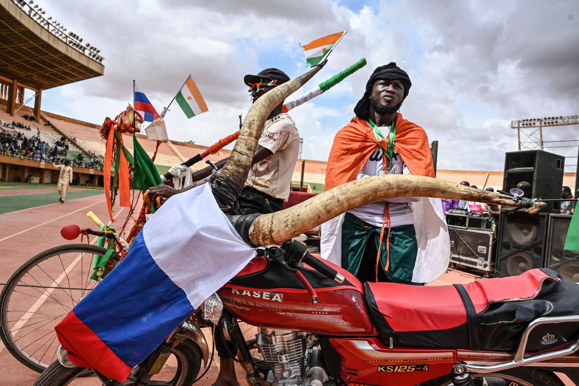 National Pride: A motorcycle in Niger is decorated with traditional zebu horns and the Russian flag.