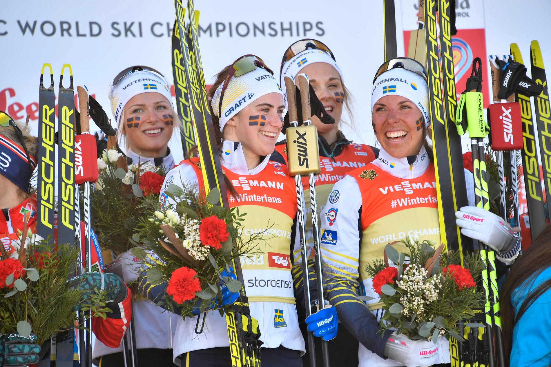 GOLD GIRLS: La Svezia ha vinto l'oro nella staffetta al WC Seefeld 2019, da sinistra: Frida Karlsson, Ebba Andersson, Stina Nilsson e Charlotte Kalla. 