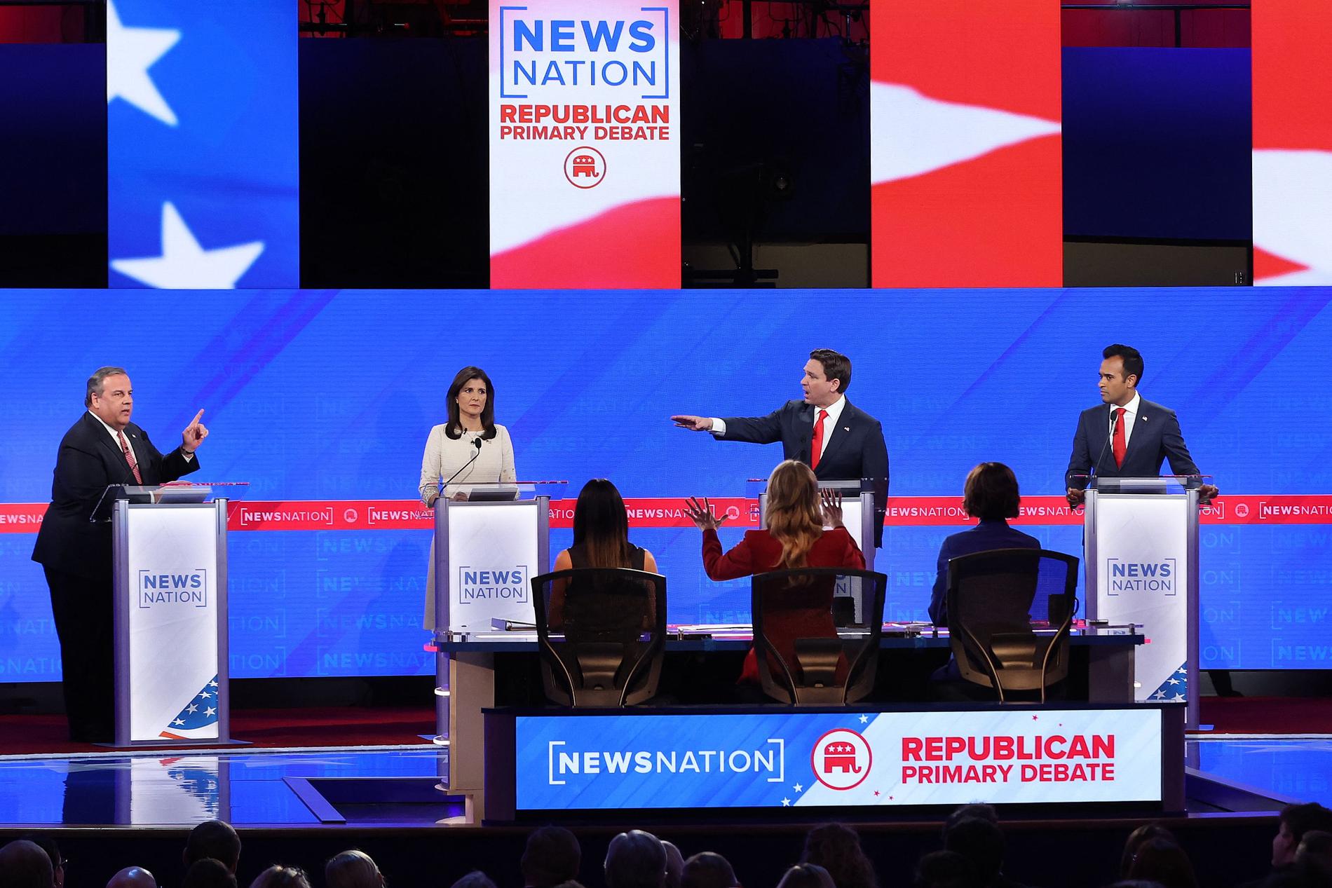 Pointing to Haley: From left: Chris Christie, Nikki Haley, Ron DeSantis and Vivek Ramaswamy. 