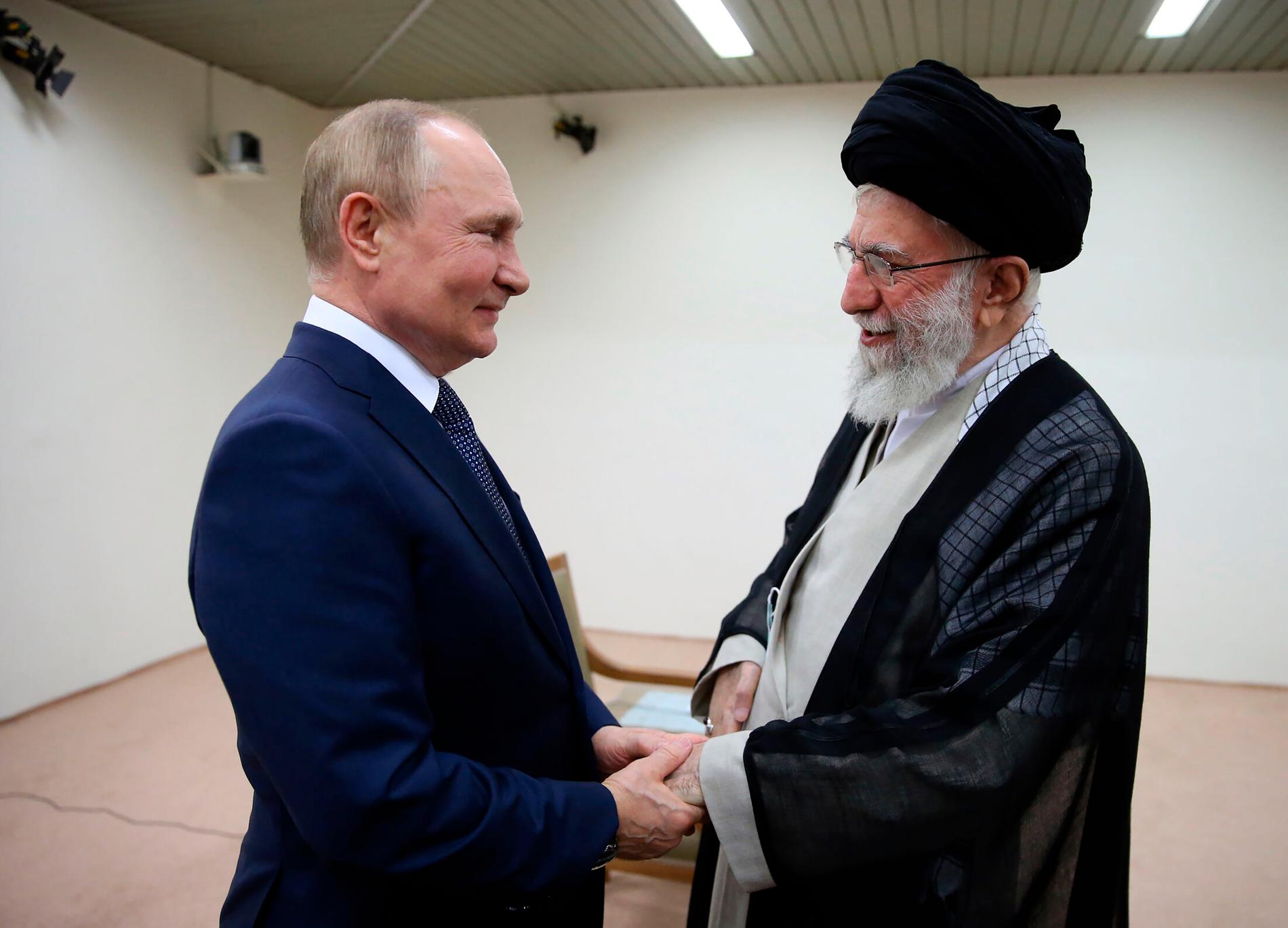 Common interests: Vladimir Putin in conversation with Iranian Supreme Leader Ayatollah Ali Khamenei in Tehran on July 19, 2022.