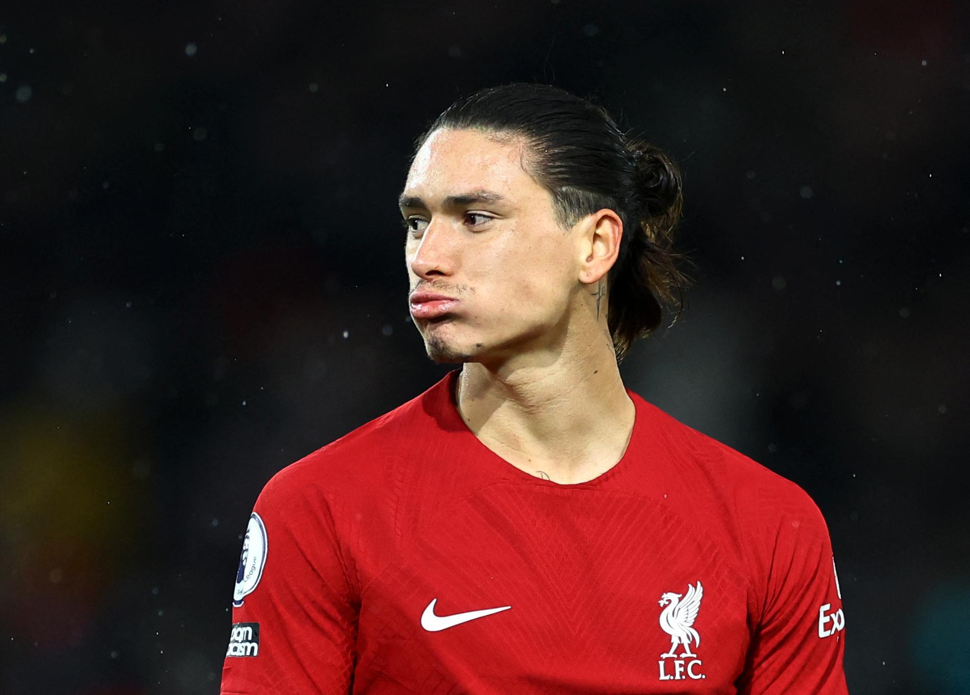 Liverpool star Darwin Nunez is defended by Trent Alexander-Arnold and Alan Shearer