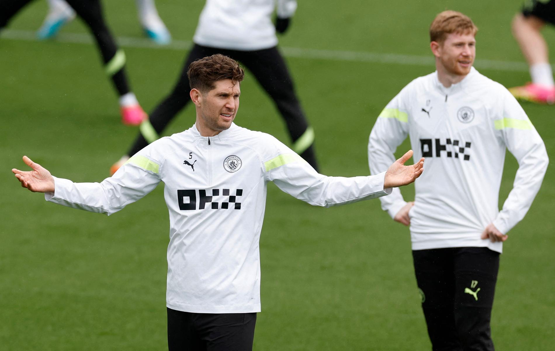 Important but not available: John Stones and Manchester City's Kevin De Bruyne, pictured here during a training session last season.