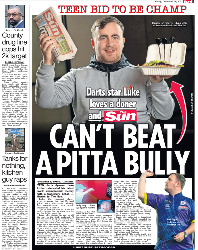 WE SHOULD BE SORRY: Luke Littler loves kebabs and sun, and it's written on the back of the tabloid newspaper. 