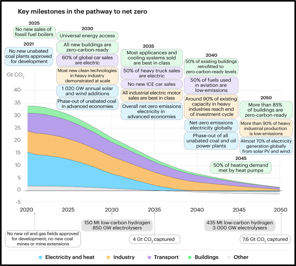 Illustrasjon: ‘Key milestones in the pathway to net zero’, Net Zero by 2050. Hentet fra IEA 2021. Lenke nederst i saken. 