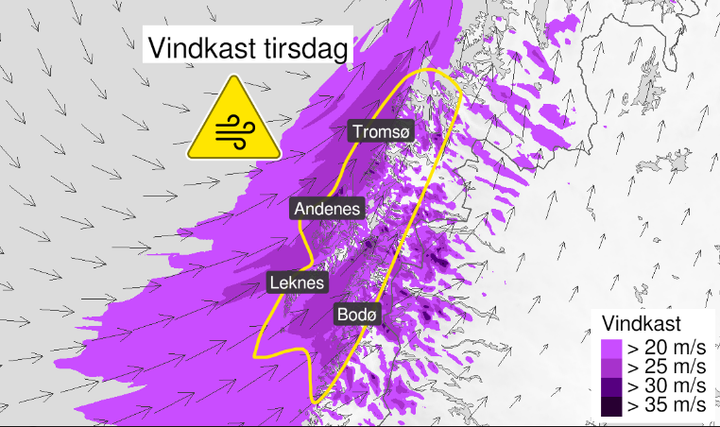 Farevarsel for sterke vindkast i Nordland og Troms