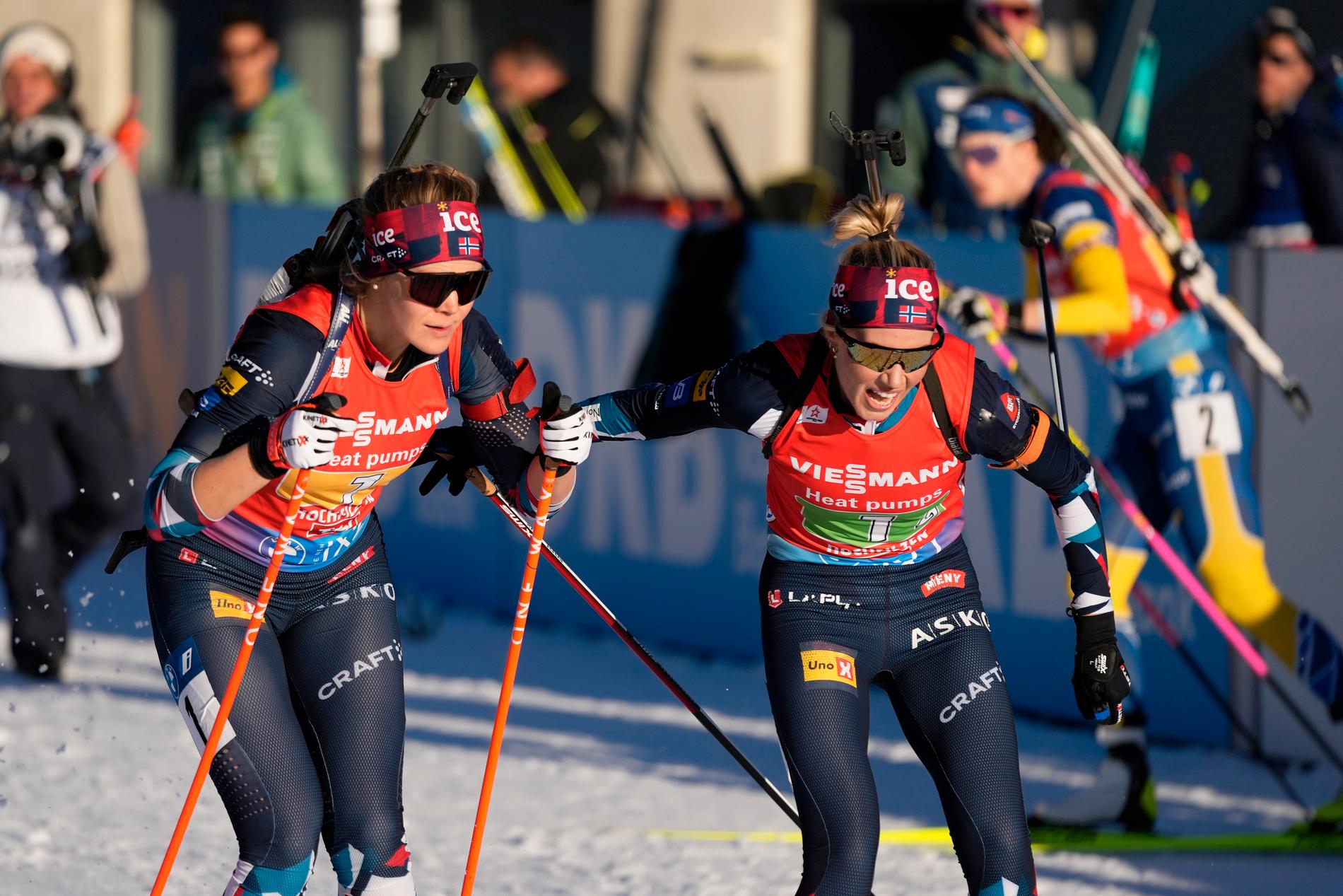 Debut win: Marit Skogan, right, gets to celebrate the victory in her first World Cup relay. 