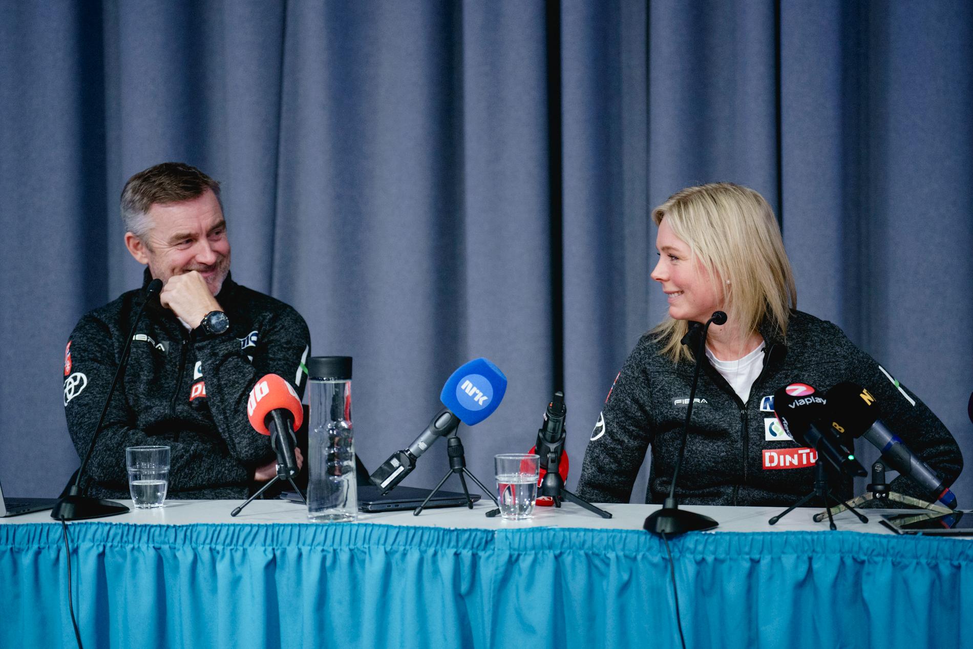 Good call: Klas Brede Braathen and Maren Lundby during the press conference in December.  Lundby announced that she had resigned.