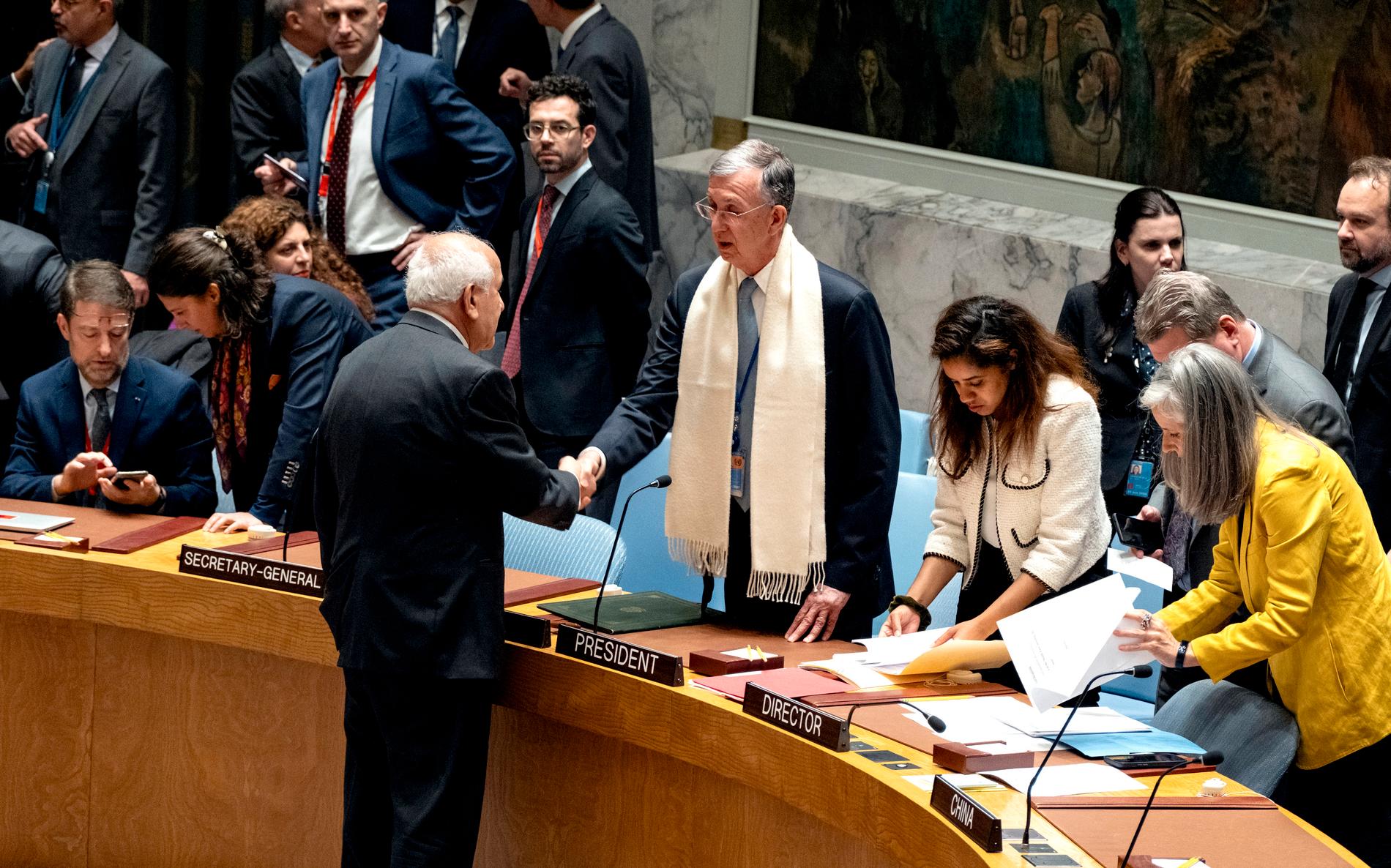 MØTE AVSLUTTET: Palestinsk utsending til FN Riyad Mansour håndhilser på den brasilianske FN-ambassadøren Sergio Franca Danese, som leder Sikkerhetsrådet mandag. 