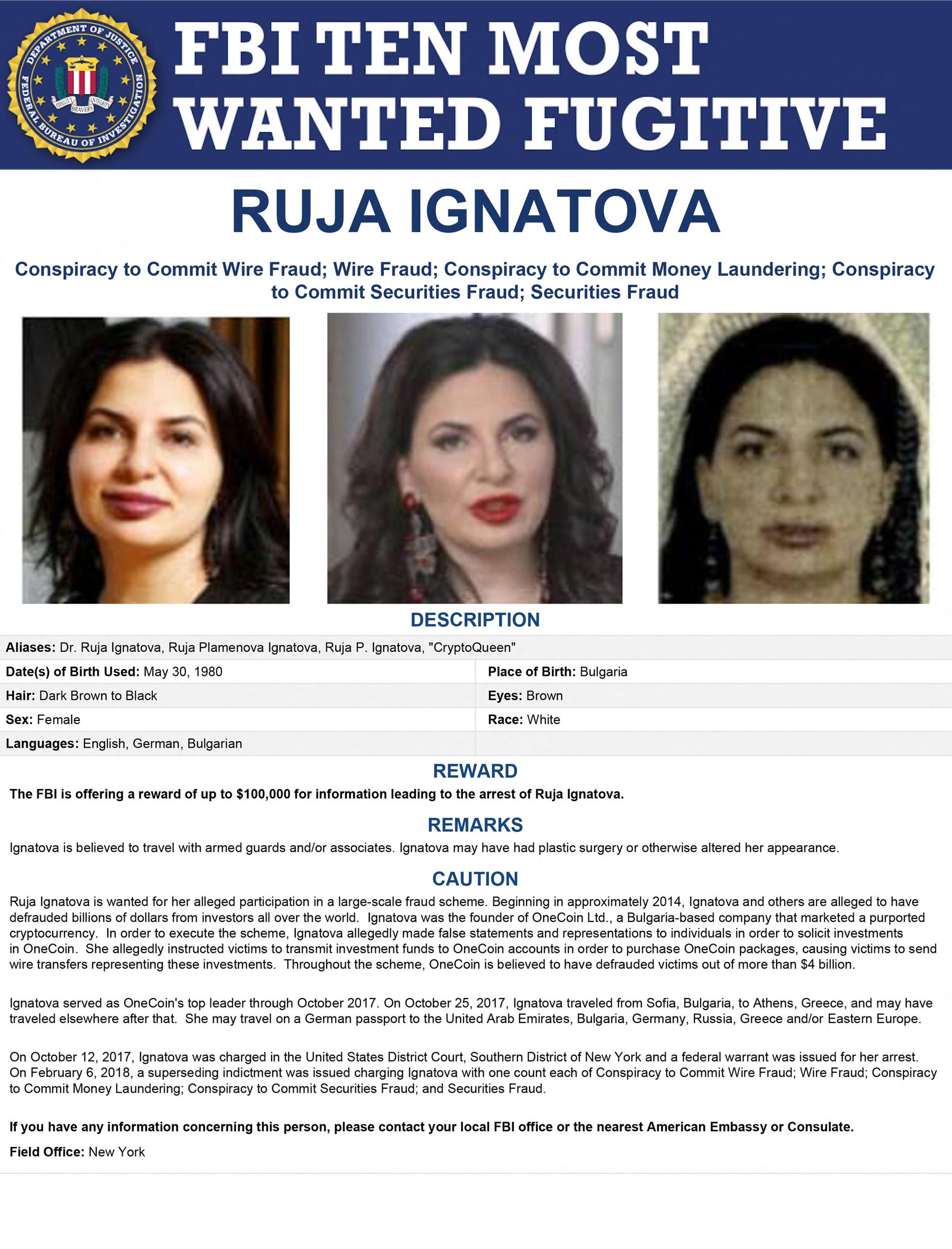 Ricercata: Ruja Ignatova è sulla lista delle dieci persone più ricercate stilata dall'FBI. 