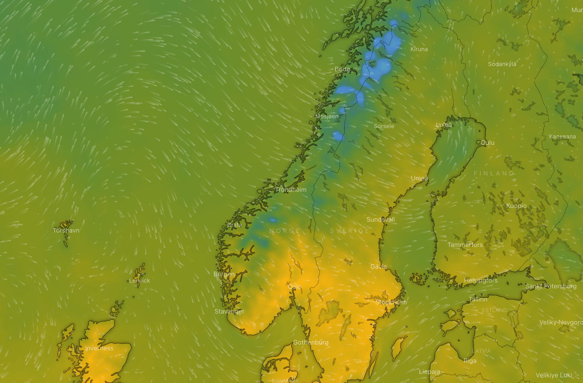 It is forecast to be sunny and warm in southern Norway for the foreseeable future.  But in northern Norway the weather turns gray and wet