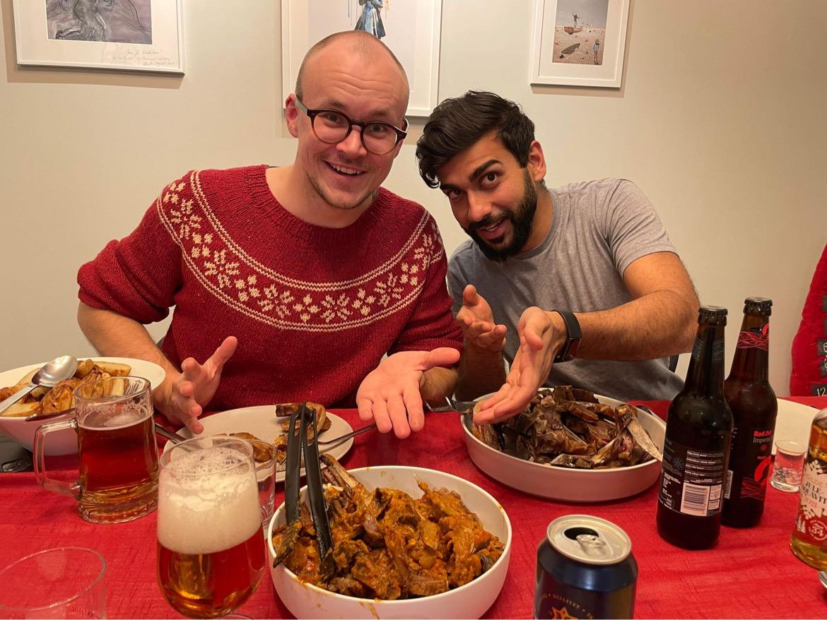 Christmas dinner: Director Peter Holmsen and brother-in-law Akshay Choudhary dine 