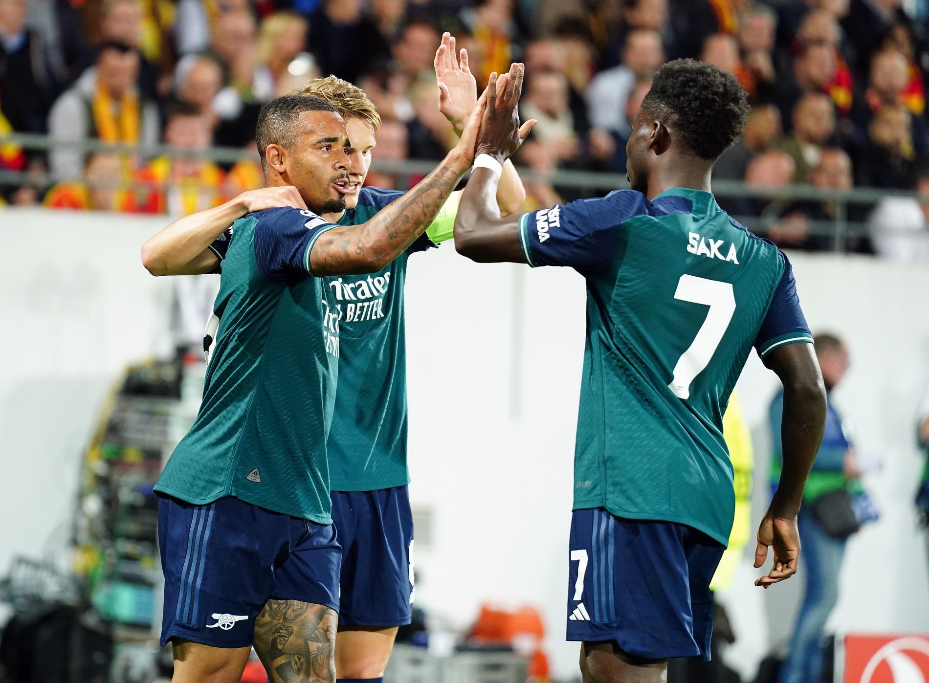 Injured: Here, Gabriel Jesus celebrates scoring in the second consecutive Champions League match with his teammate Bukayo Saka, who was substituted after half an hour. 